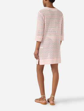 Short Macha dress in raschel fabric with floral motif