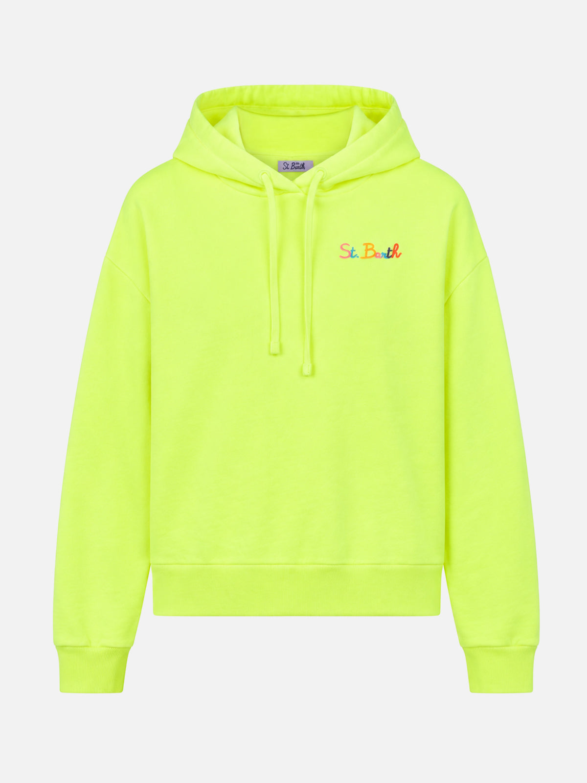 Sweat à capuche jaune fluo avec broderie St. Barth 