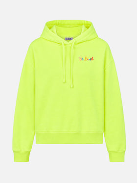 Sweat à capuche jaune fluo avec broderie St. Barth 