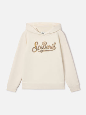 Sudadera con capucha Mindy en mezcla de algodón color crema con inserto tartán St. Barth 