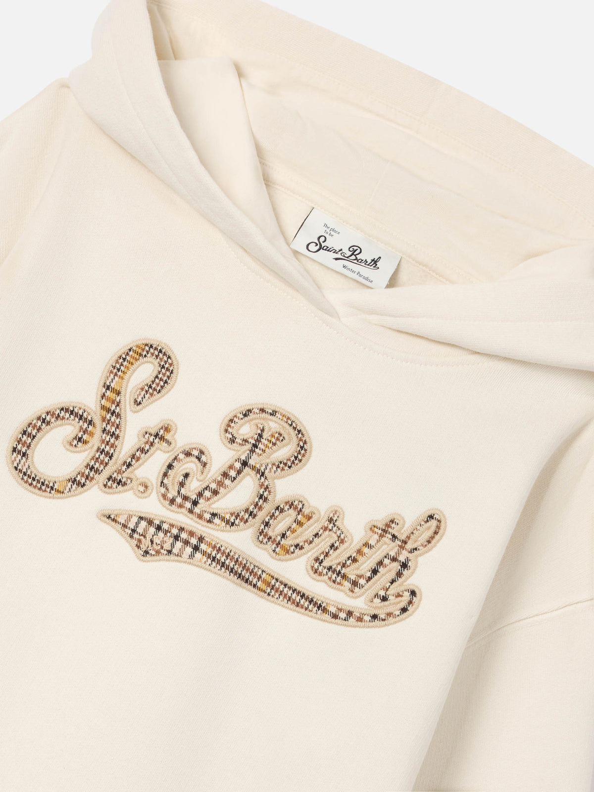 Sudadera con capucha Mindy en mezcla de algodón color crema con inserto tartán St. Barth 