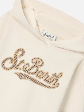 Sudadera con capucha Mindy en mezcla de algodón color crema con inserto tartán St. Barth 