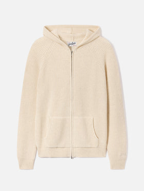 Punto con capucha Malcolm de lana beige con cremallera completa 