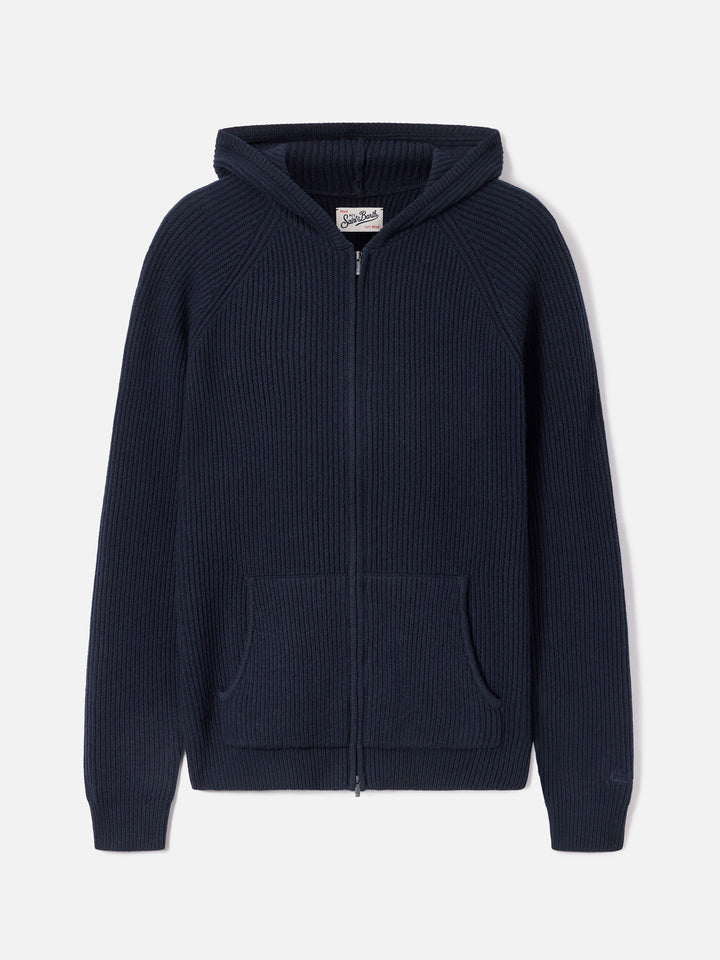 Punto con capucha de lana Malcolm Navy blue con cremallera completa 