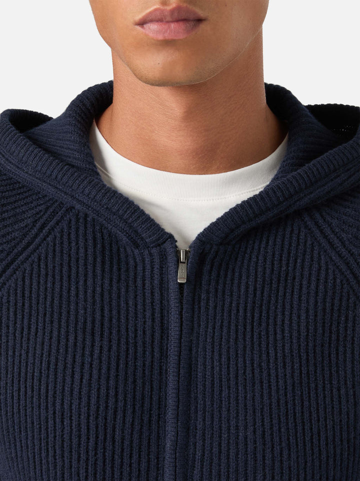Punto con capucha de lana Malcolm Navy blue con cremallera completa 