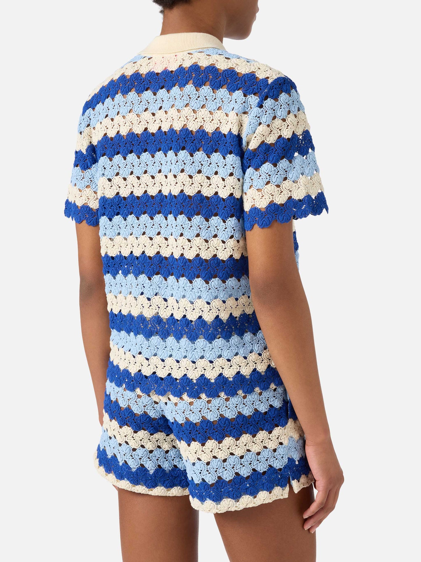 Monet crochet-effect cotton knit polo with striped pattern