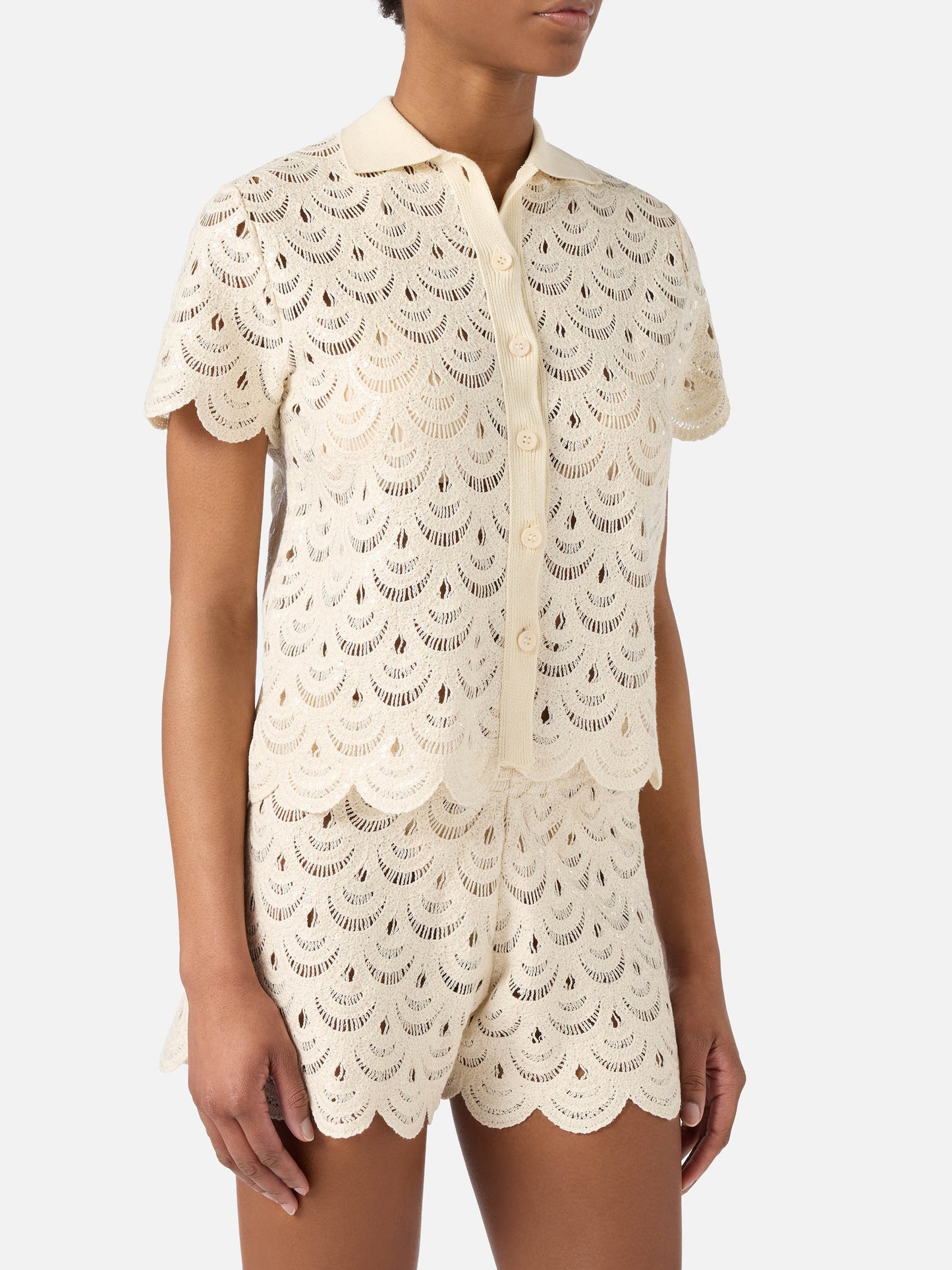 Polo in maglia Meave effetto crochet con paillettes