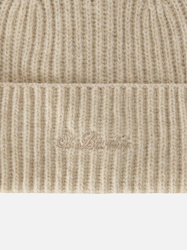 Gorro beanie de lana Beige Moss con bordado del logo 