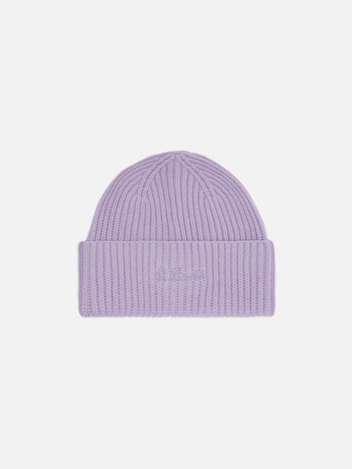 Moss Beanie in lilac ribbed knit with St. Barth embroidery