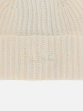 Berretto Moss Jr in maglia bianca a coste con ricamo St. Barth