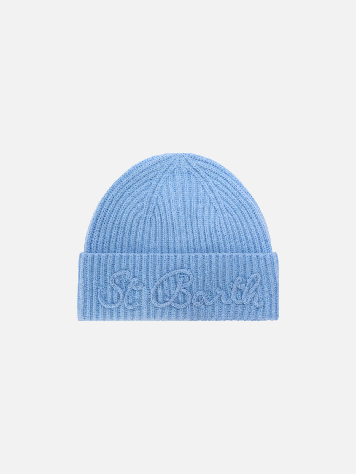 Berretto Moss azzurro in misto lana e alpaca con ricamo logo