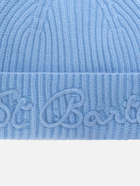 Berretto Moss azzurro in misto lana e alpaca con ricamo logo
