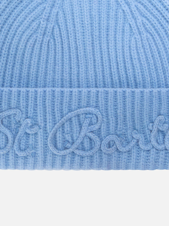Berretto Moss azzurro in misto lana e alpaca con ricamo logo