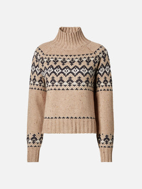 Beigefarbener Myra-Pullover aus Donegal-Wollmischung mit Fair-Isle-Jacquardmuster