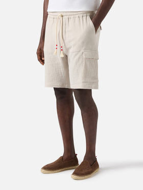 Marseille bermuda shorts in crinkled pure cotton gauze soft beige