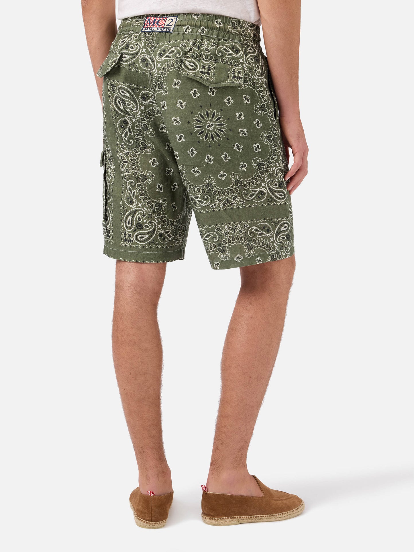 Bermuda Marseille in lino stampa bandana verde militare