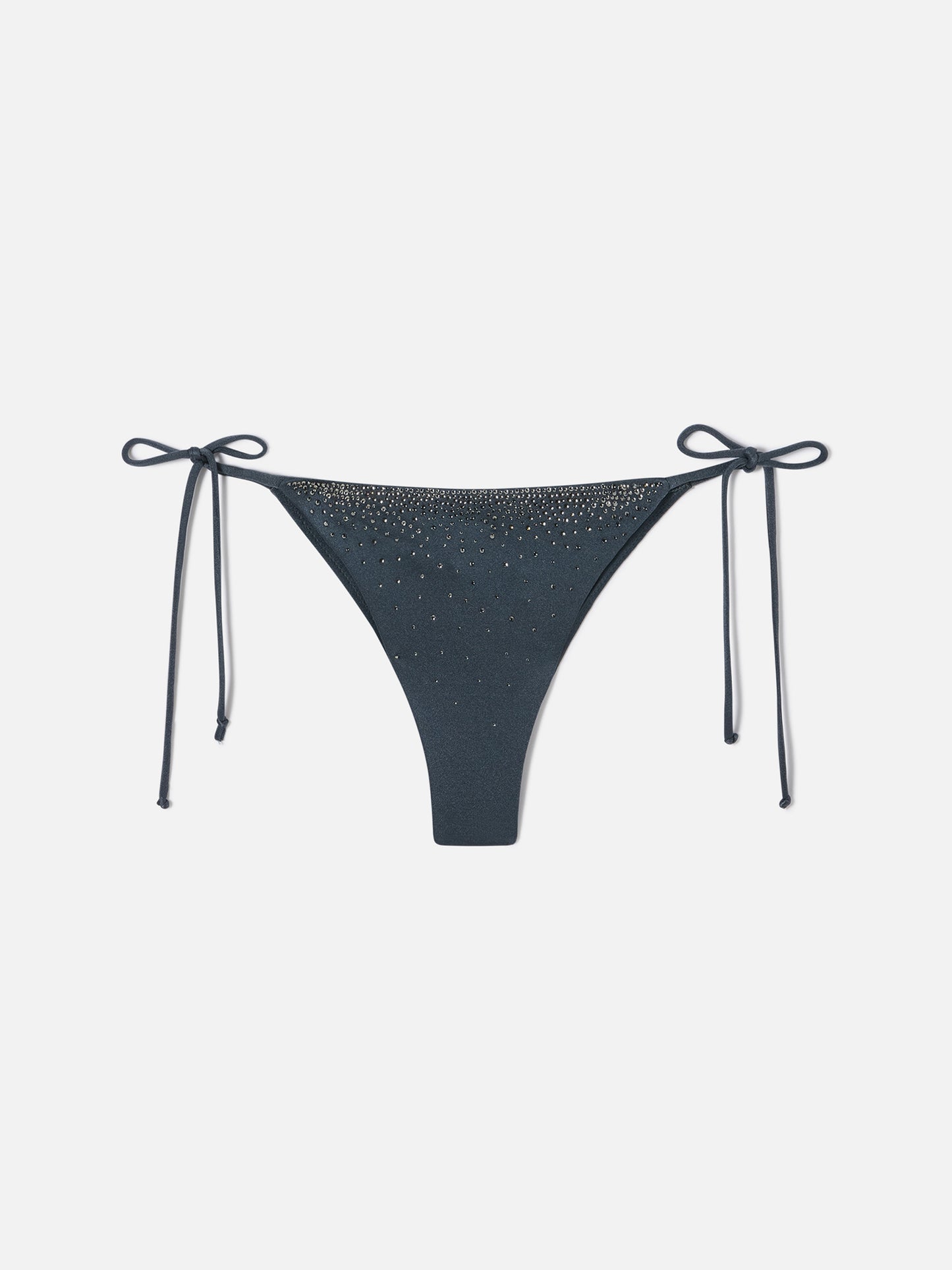 Bas de bikini brésilien Marielle en tissu gris foncé à finition brillante avec strass 
