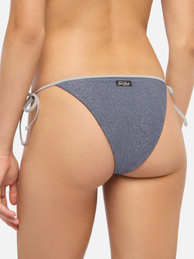 Marielle slip mare classico in lurex color avio blue con profilo argento - Leah top triangolo in lurex color avio blue con profilo argento
