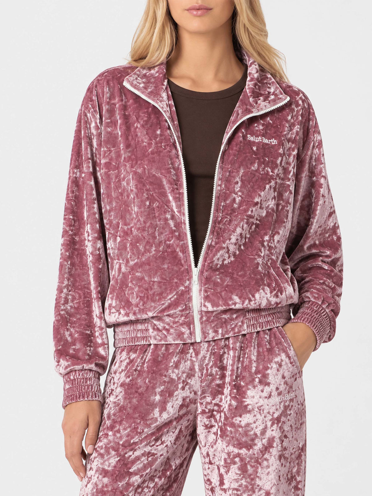 Miriam rosafarbener Chenille-Zip-Hoodie 