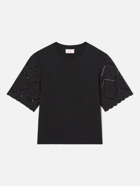 Black Maisa T-shirt with sangallo sleeves and St. Barth embroidery