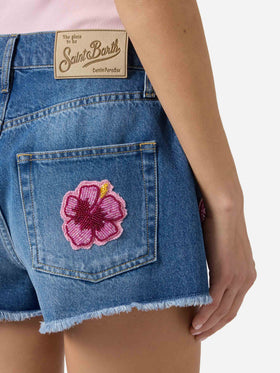 Musa denim shorts with embroidered floral patches