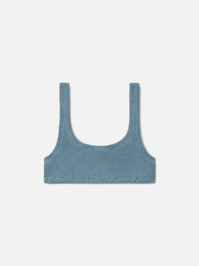 Naima bralette bikini top in light blue crinkle lurex fabric