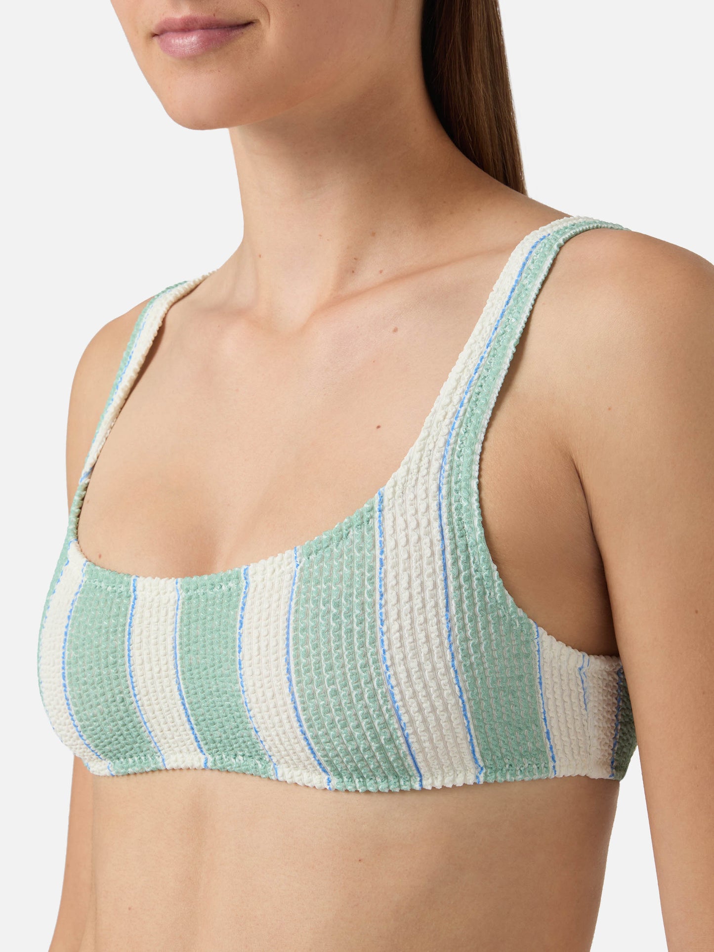 Classic Elise bikini bottoms in green and white striped crinkle fabric