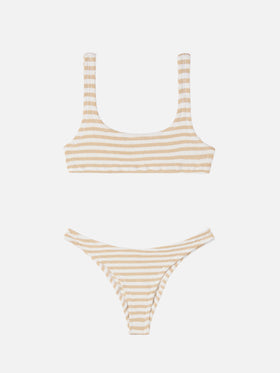 Bikini a bralette Naima Naomi in tessuto crinkle con stampa a righe biege