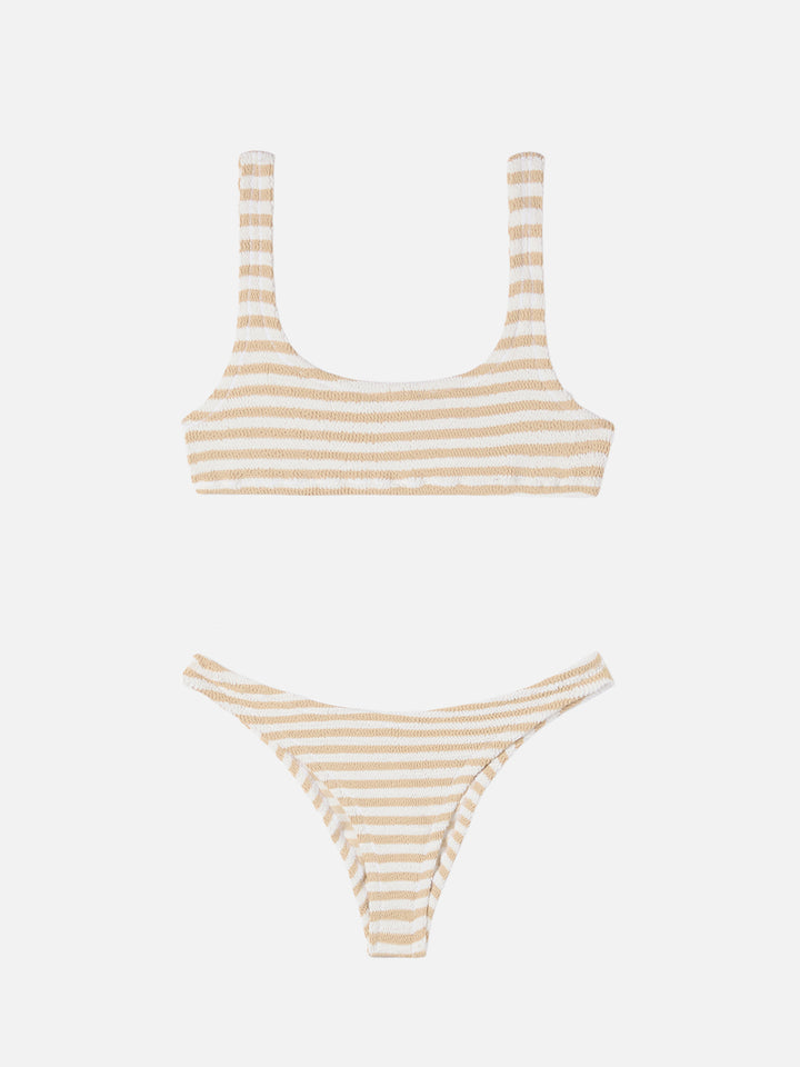 Bikini a bralette Naima Naomi in tessuto crinkle con stampa a righe biege