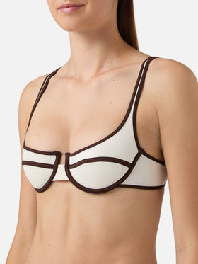 Amira String balconette bikini top in cream with brown trims
