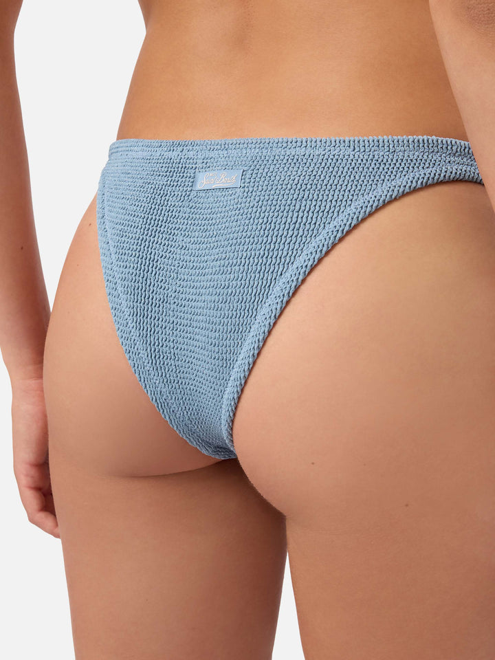 Naomi brazilian bikini bottoms in avio blue lurex crinkle fabric