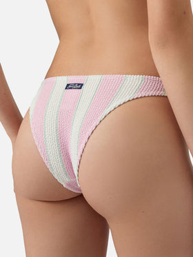 Klassische Elise Bikinihose aus gekräuseltem Stoff mit rosa-weißen Streifen 
