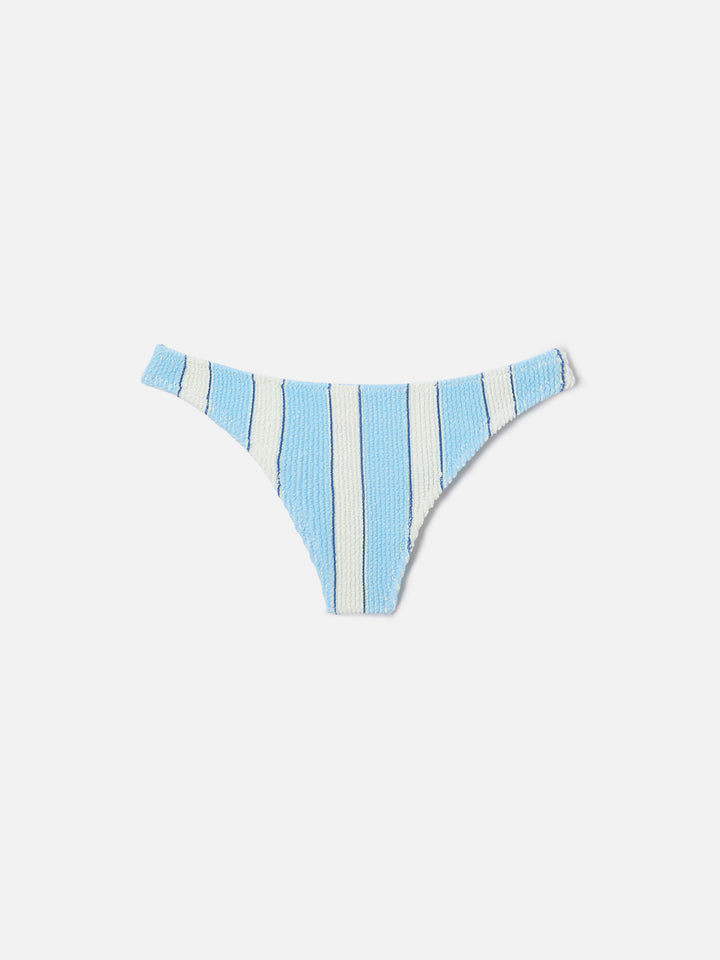 Naomi brazilian bikini bottoms in light blue and white striped crinkle fabric