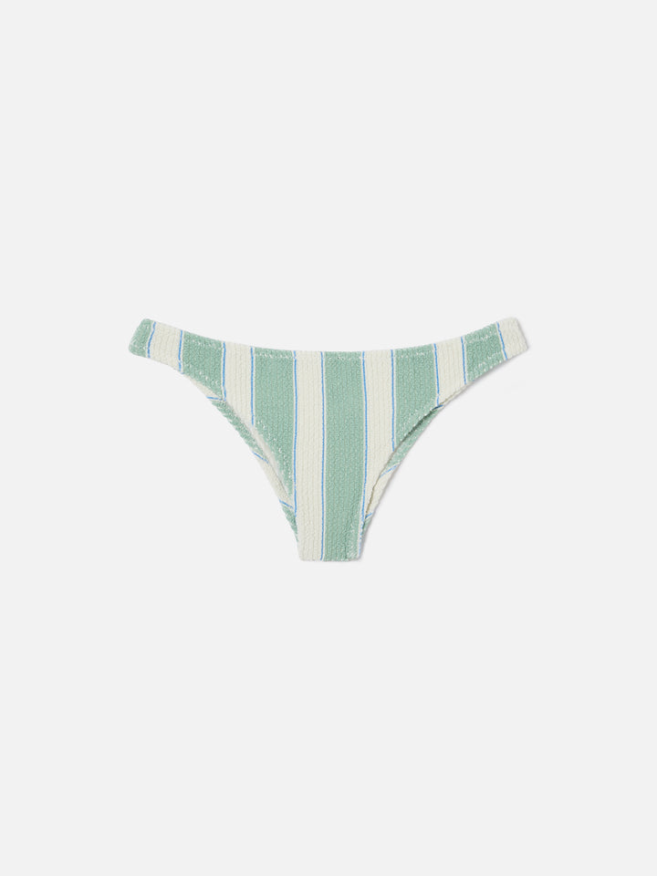 Classic Elise bikini bottoms in green and white striped crinkle fabric
