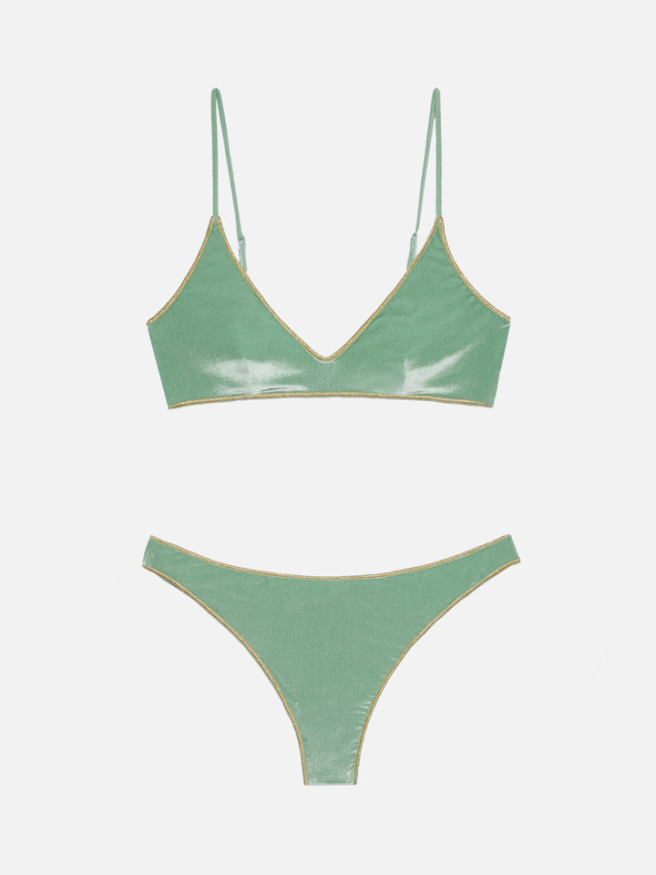 Naomi slip mare cheeky in velluto color verde salvia con profilo oro - Bralette scollata in velluto verde salvia Paloma