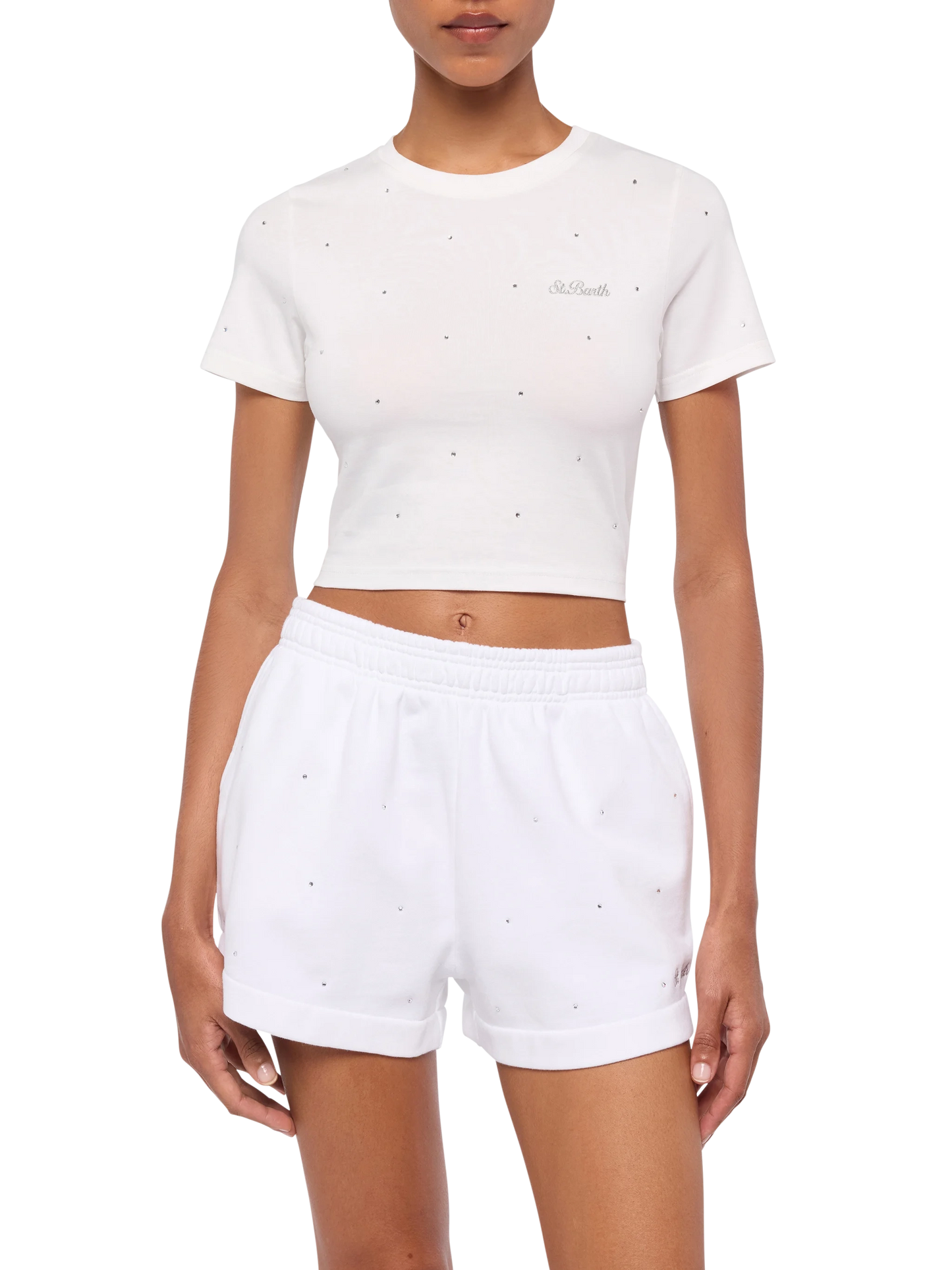 T-shirt Nives in cotone bianco con strass all-over