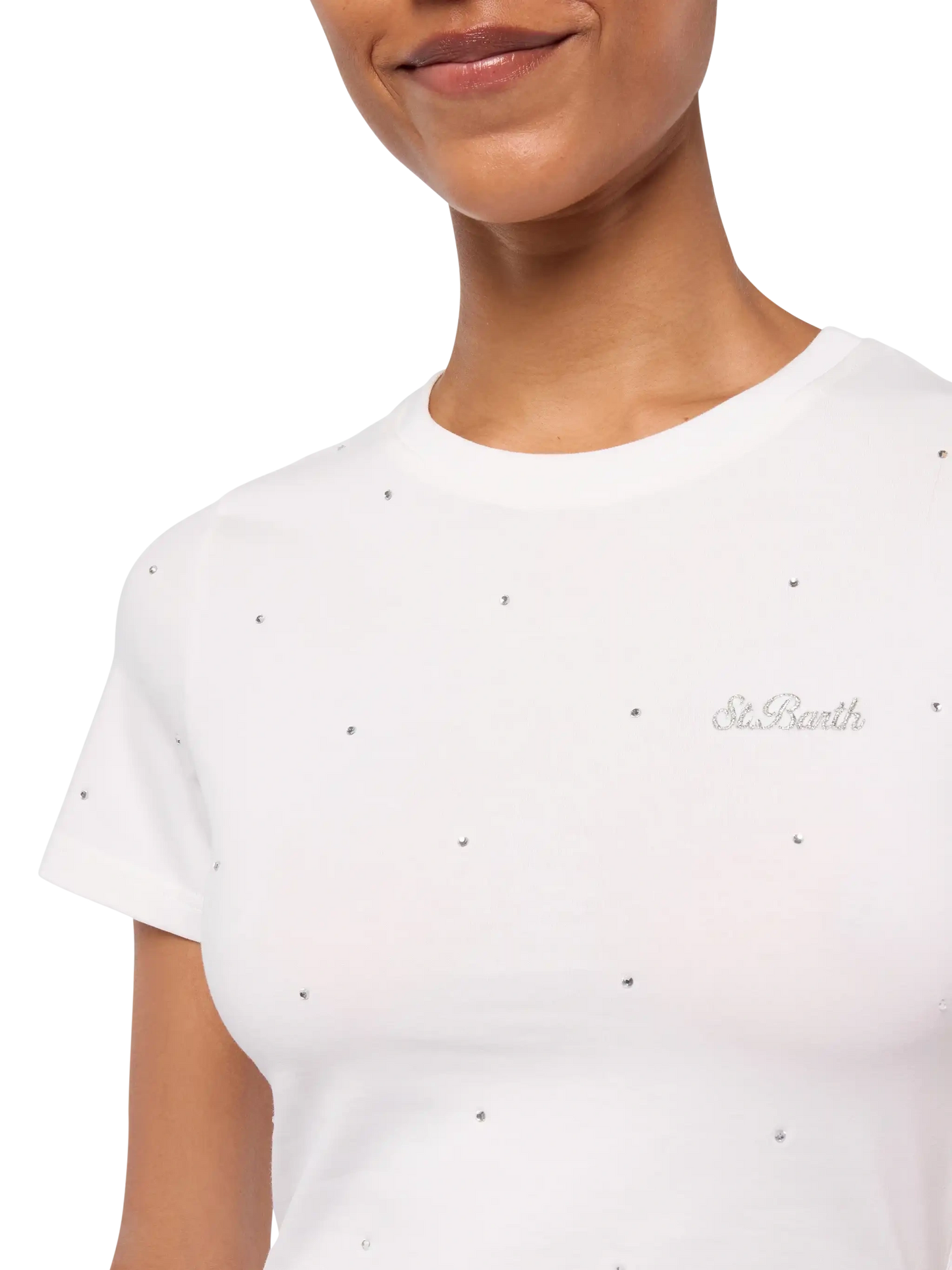 T-shirt Nives in cotone bianco con strass all-over