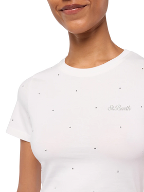 T-shirt Nives in cotone bianco con strass all-over