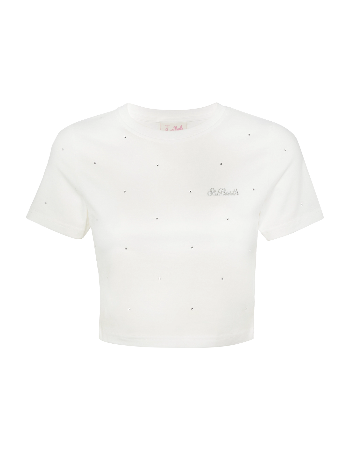 T-shirt Nives in cotone bianco con strass all-over