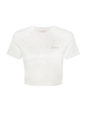 T-shirt Nives in cotone bianco con strass all-over