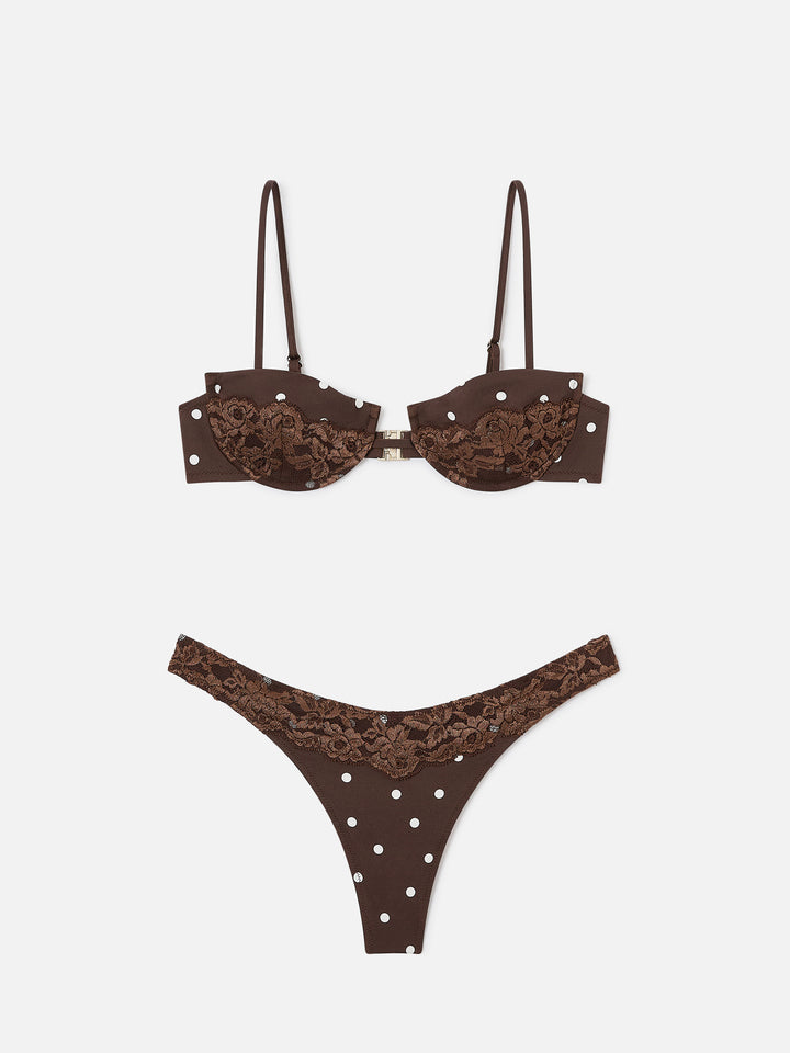 Nalina Triangel-Bikini aus brauner Spitze mit Polka Dots 