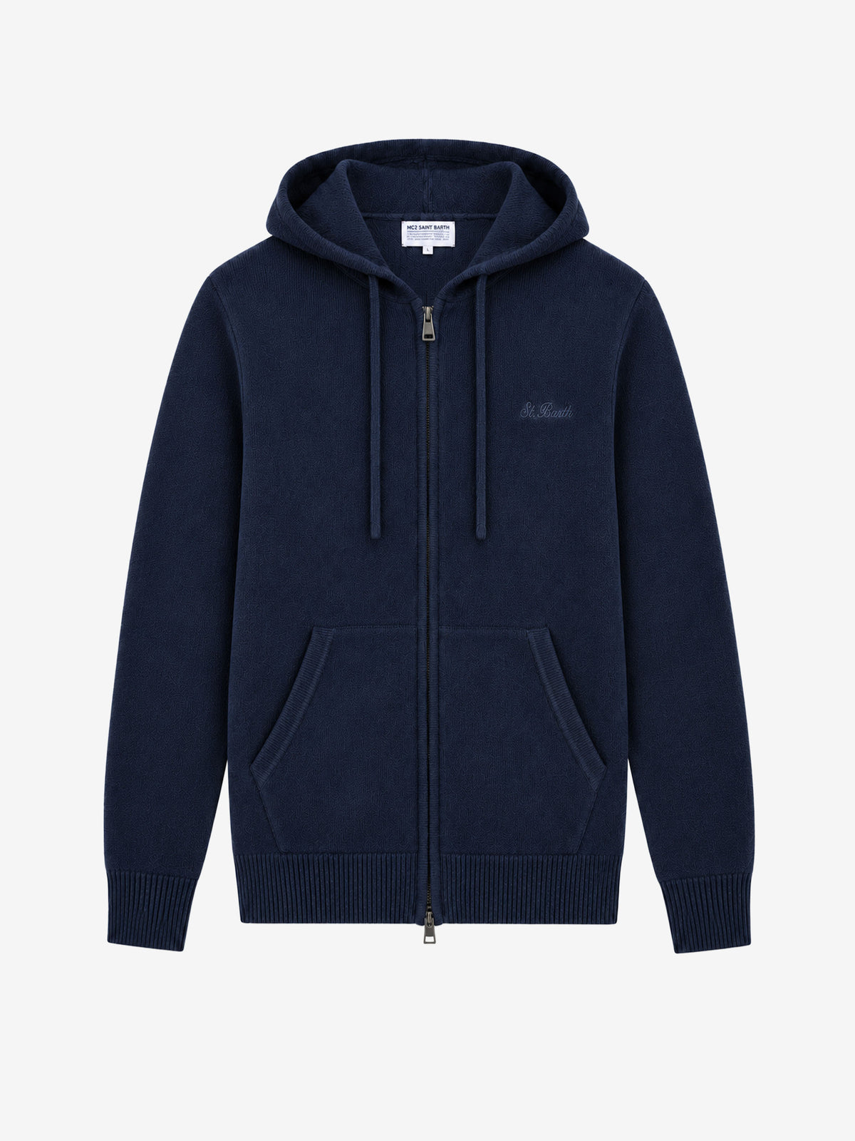 Maglione con cappuccio e zip intera Notting blu navy in lana d’agnello