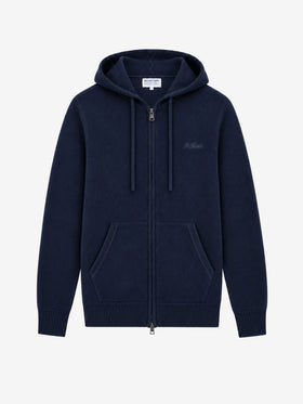 Maglione con cappuccio e zip intera Notting blu navy in lana d’agnello