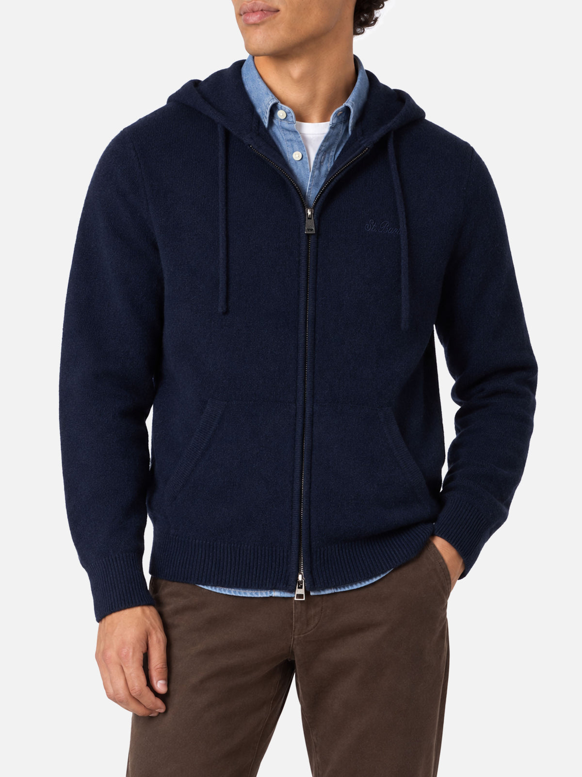 Maglione con cappuccio e zip intera Notting blu navy in lana d’agnello