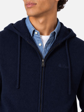 Maglione con cappuccio e zip intera Notting blu navy in lana d’agnello