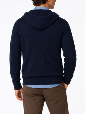 Maglione con cappuccio e zip intera Notting blu navy in lana d’agnello