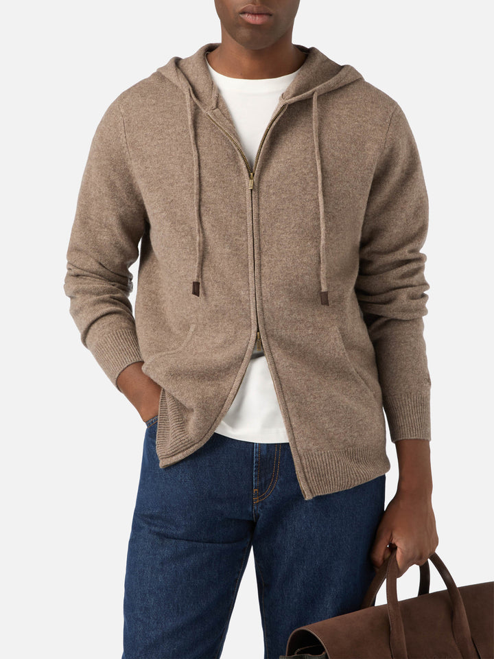Maille à capuche Beige Notting en laine d'agneau avec fermeture zippée intégrale 
