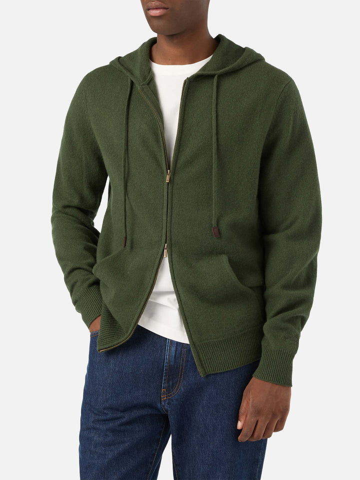 Knit à capuche en laine d'agneau Notting vert militaire avec fermeture zippée intégrale 