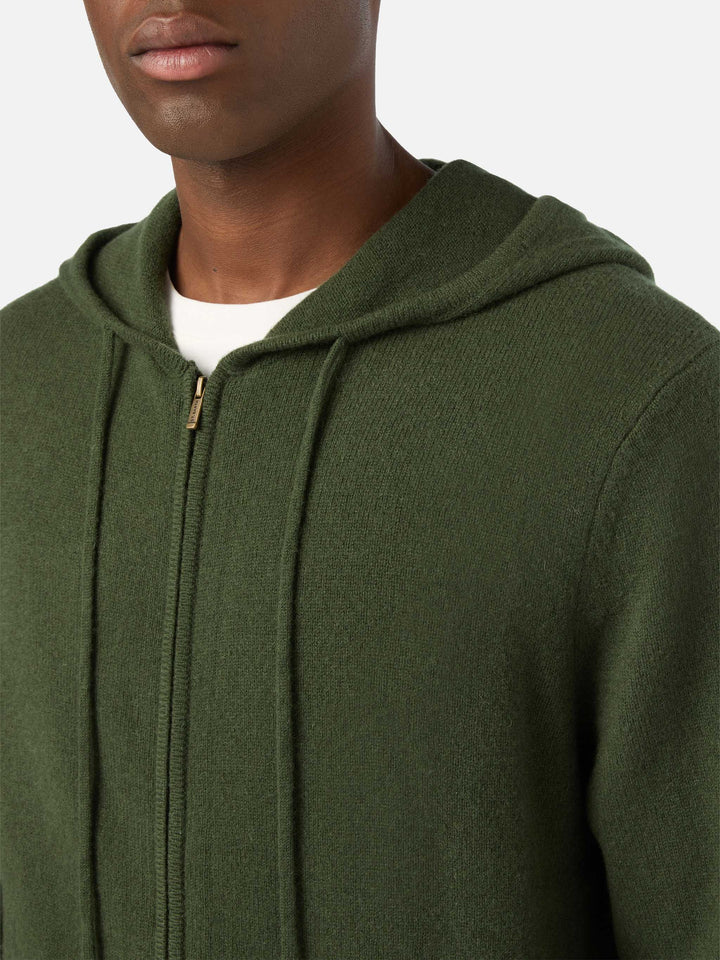 Knit à capuche en laine d'agneau Notting vert militaire avec fermeture zippée intégrale 