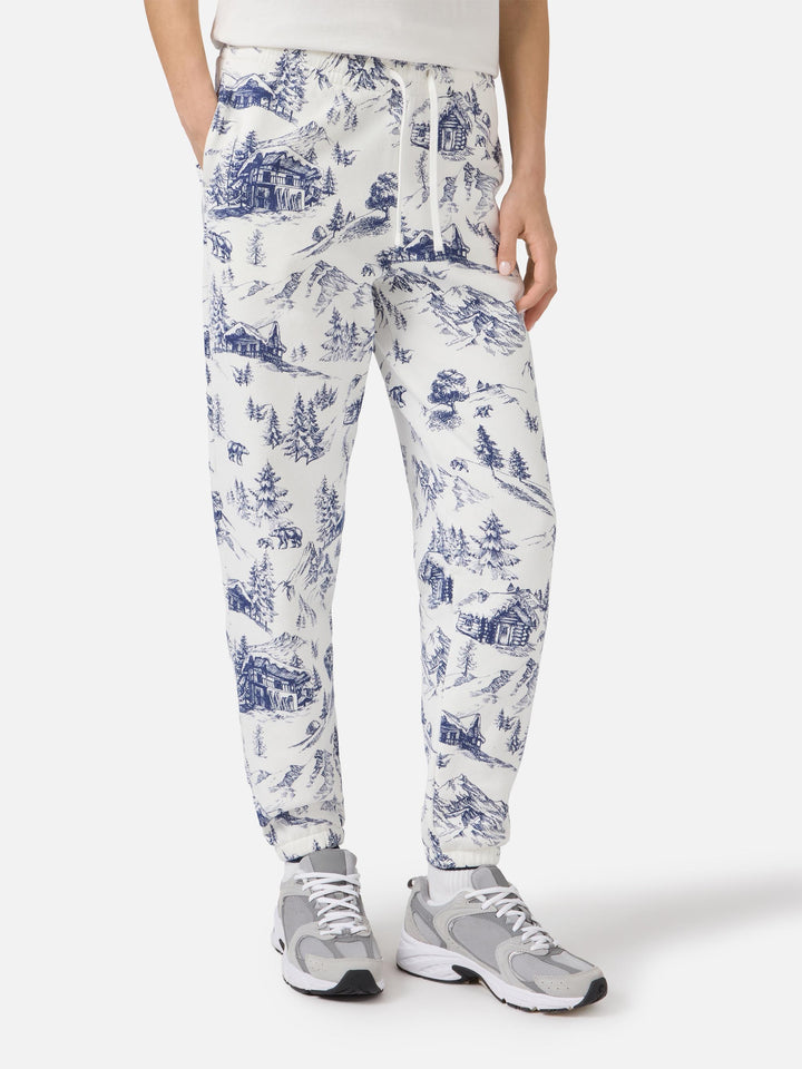 Cotton fleece pants Odalys with toile de jouy print
